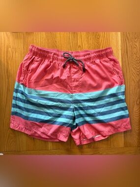 Southern Marsh Kids Pink and Aqua Striped Swim Trunks